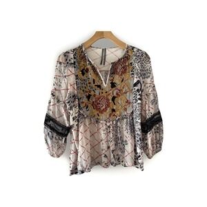 Anthropologie XS Embroidered Floral Leopard Grid Blouse Lace Balloon Sleeve Top